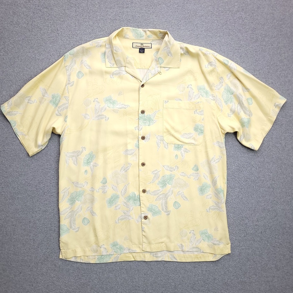 Tommy Bahama Silk Hawaiian Shirt Large Yellow Floral Aloha Camp Button Up Mens